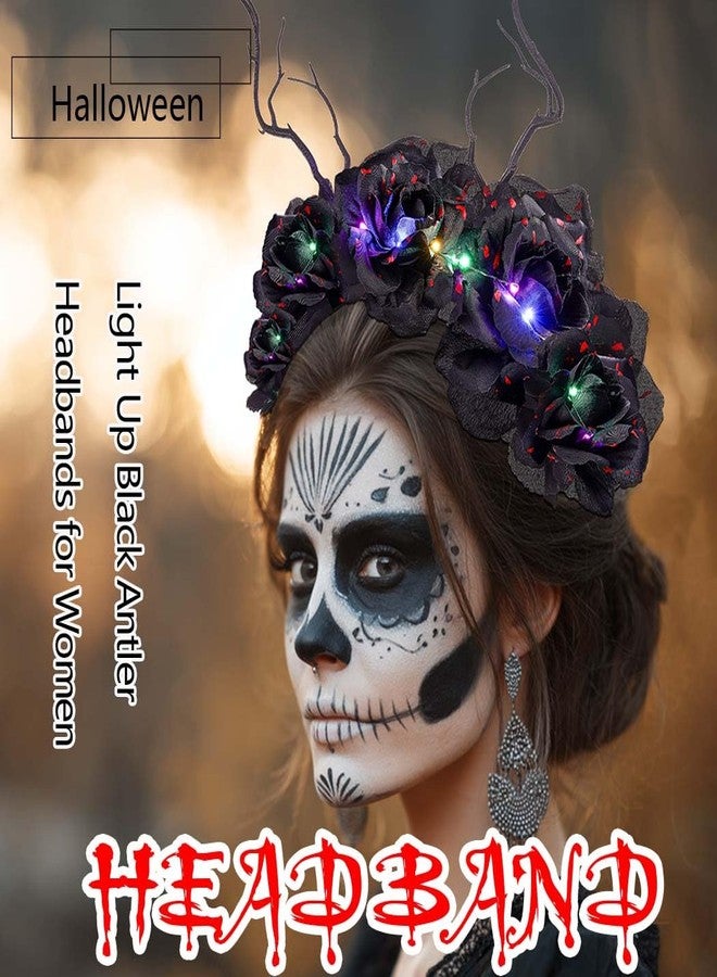 Firuilo Light Up Halloween Headband Rose Flower Crown Headbands Glowing Black Antler Headpieces Halloween Cosplay Hair Accessories for Women - Image 5
